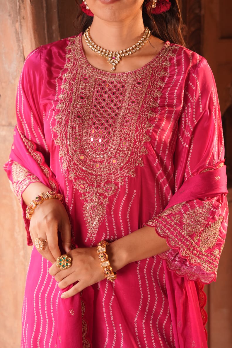 Hot pink heavy embroidered Crepe suit