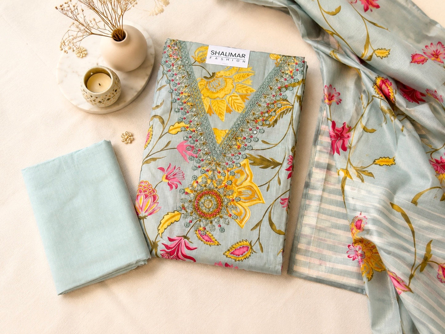 Beautiful cotton unstitch suit set with embroidered v neck