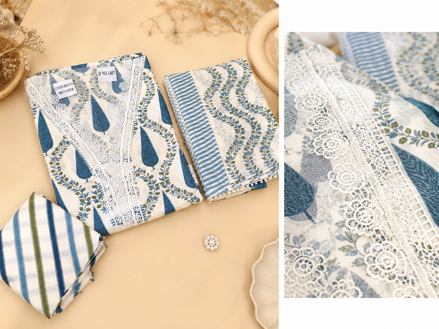 Pure cotton lace work white & bkue prints suit