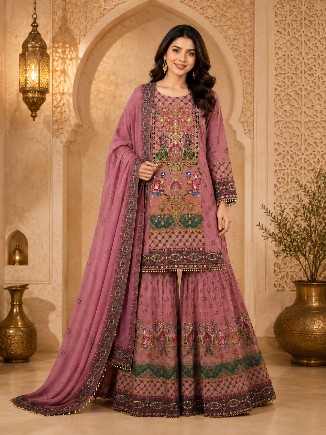 Mauve Printed Sharara Suit with Dupatta