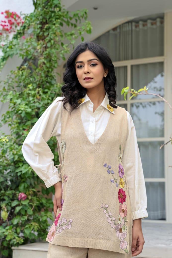 Beautiful three piece cord set in jute cotton with thread work embroidery