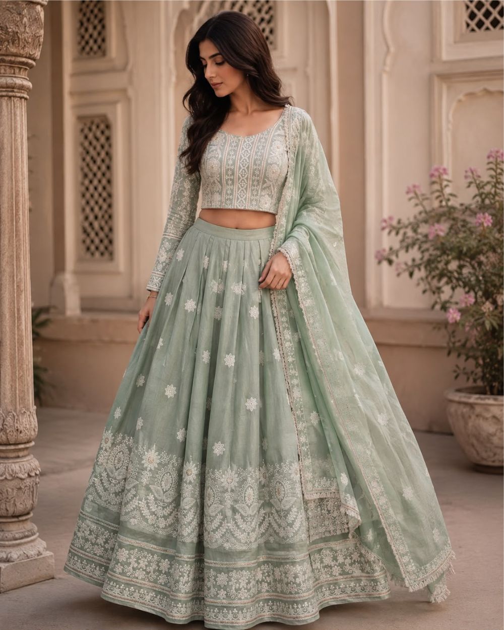 Sage Green thread work Embroidery Lehenga Set with Dupatta