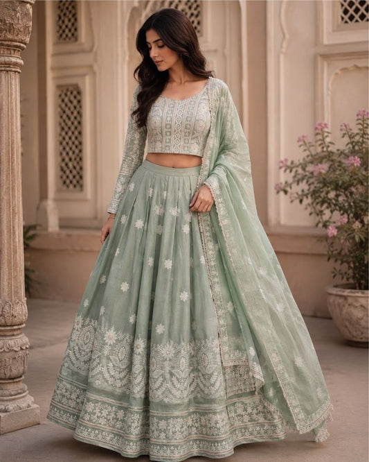 Sage Green thread work Embroidery Lehenga Set with Dupatta