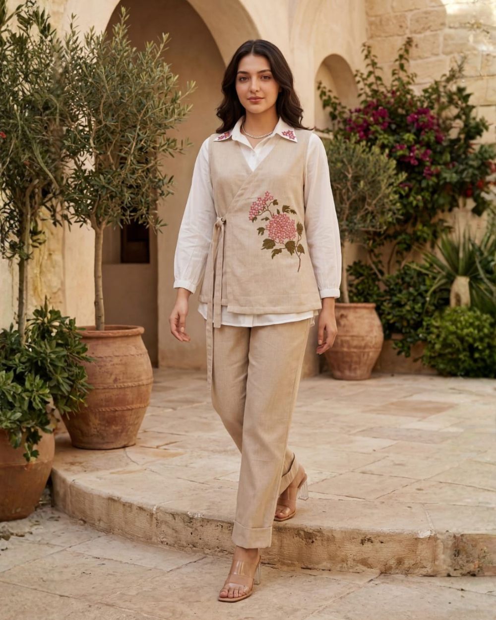 Beige Jute Cotton Three-Piece Co-Ord Set