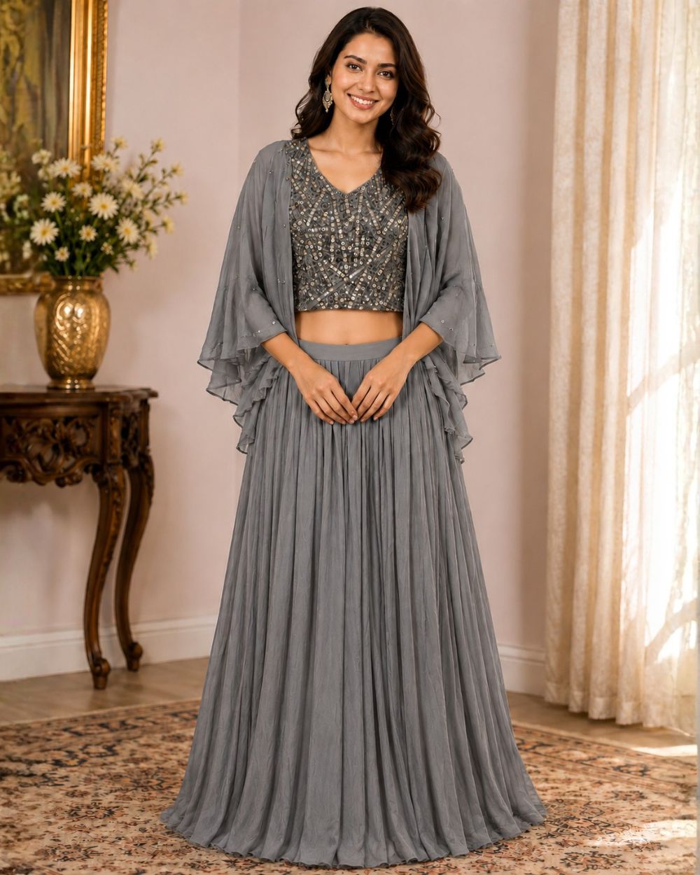 Steel Grey Embellished Lehenga Set with Sheer Cape