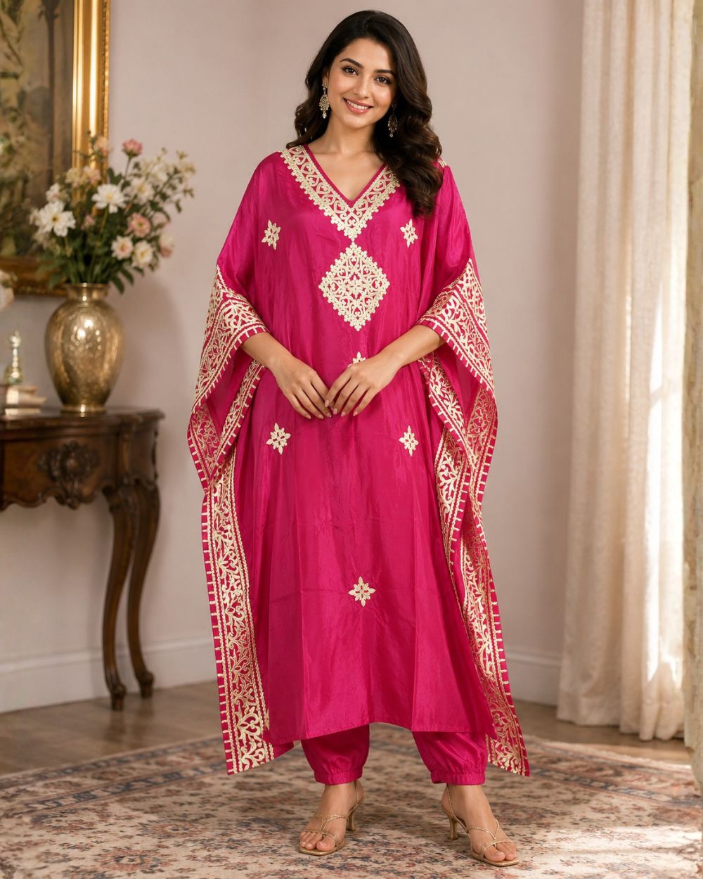 Rani Pink Embroidered Kaftan Kurta Set