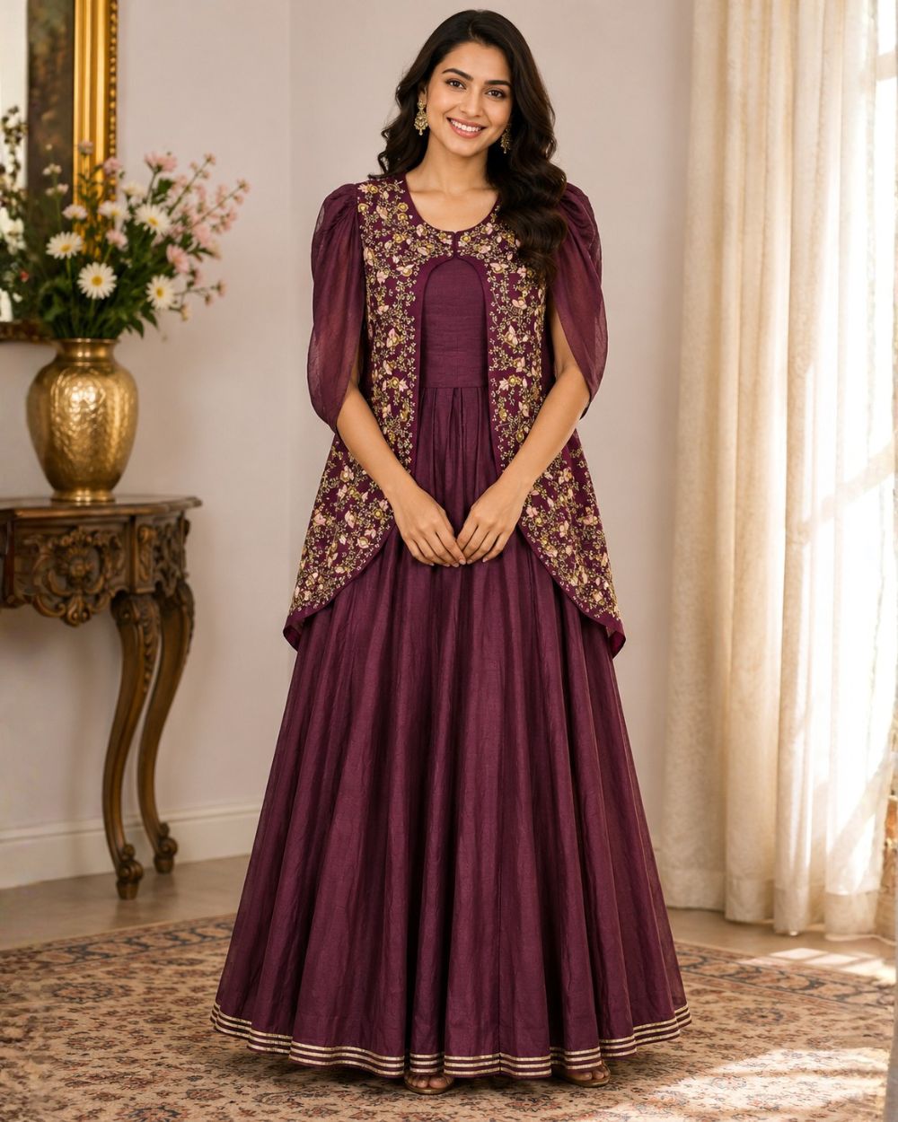 Wine Maroon Crop Top, Sharara & Hand Embroidered Jacket Set