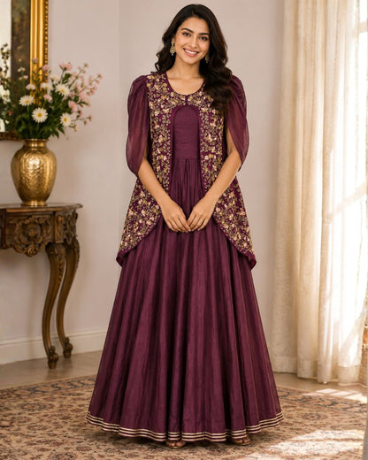 Wine Maroon Crop Top, Sharara & Hand Embroidered Jacket Set