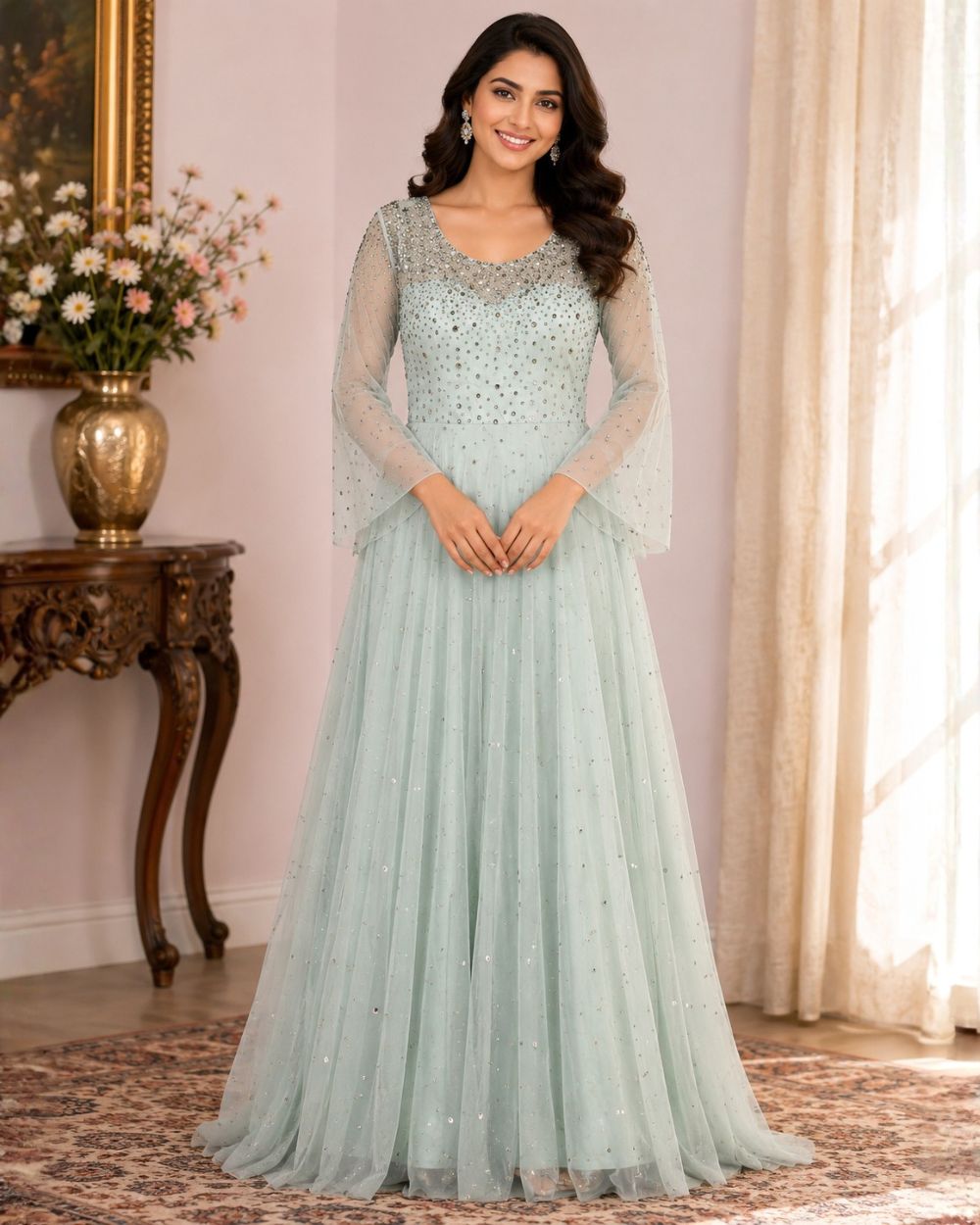 Sea Green Bridal One-Piece Gown in Soft Net