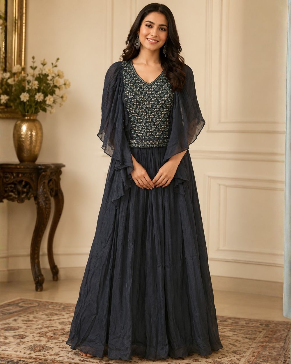 Midnight Black Embroidered Lehenga Set with Sheer Cape