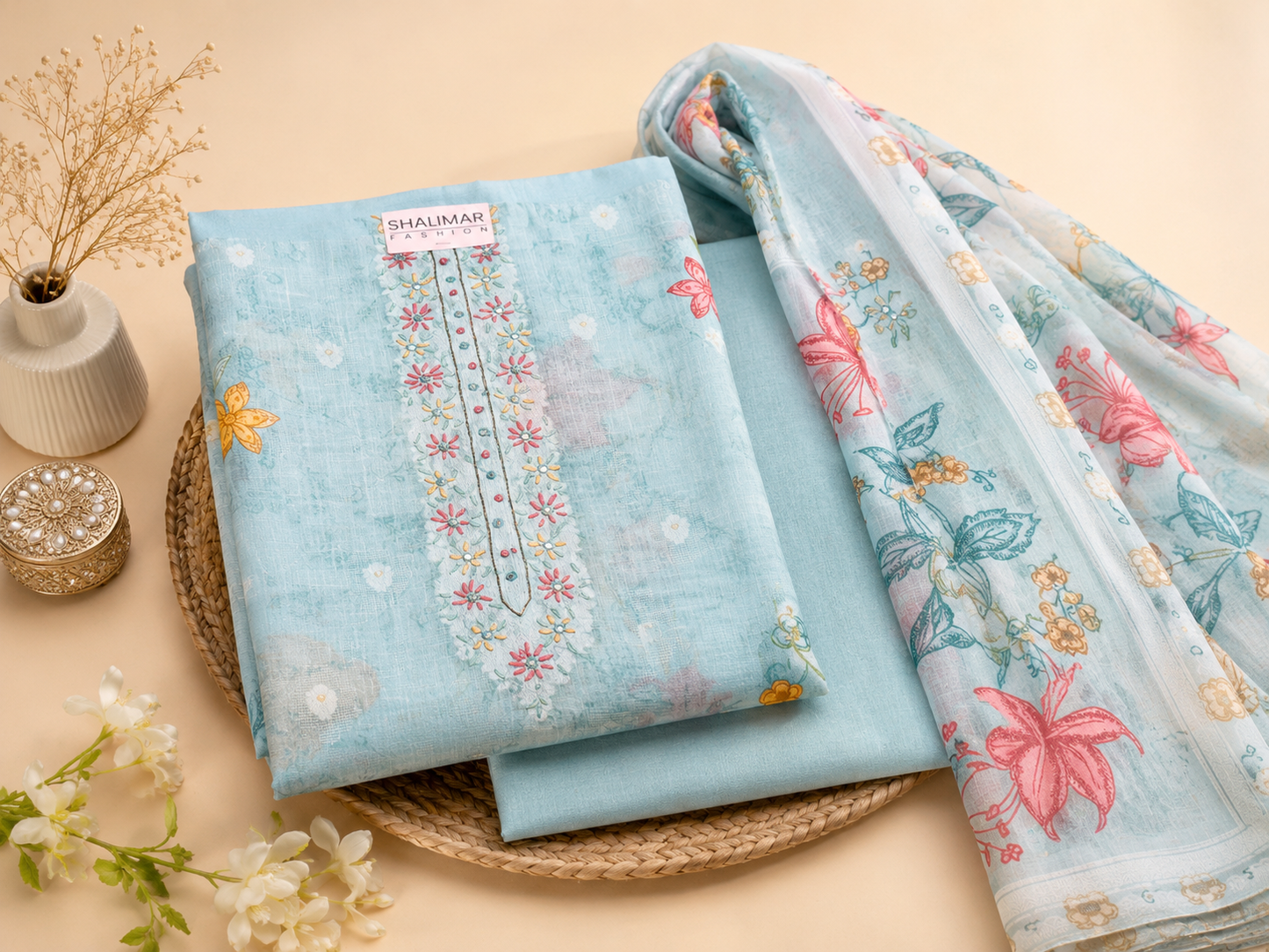 Pure linen kota cotton unstitch suit in powder blue shade