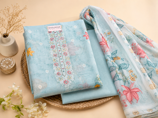 Pure linen kota cotton unstitch suit in powder blue shade