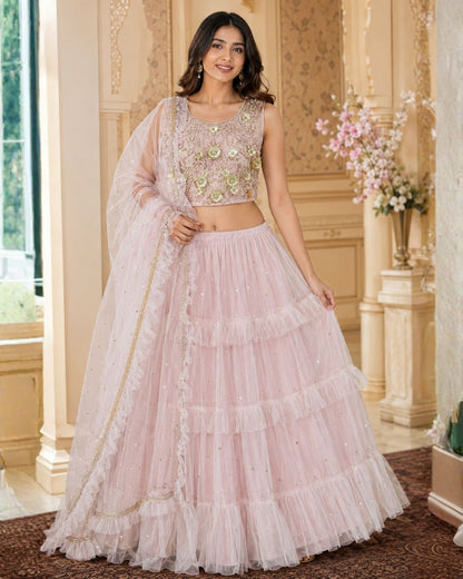 Blush Pink Ruffle Lehenga Set with Embroidered Blouse