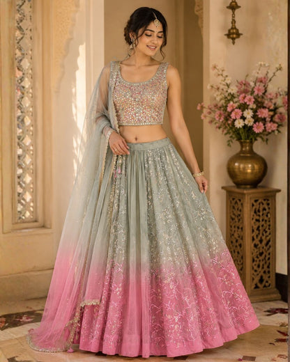 Grey to Pink Ombre shaded thread work Embroidered Lehenga Set
