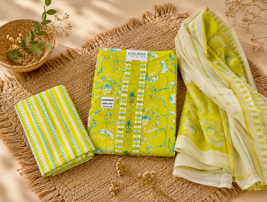 Pure cambric cotton unstitch suit set in all new bright green shade