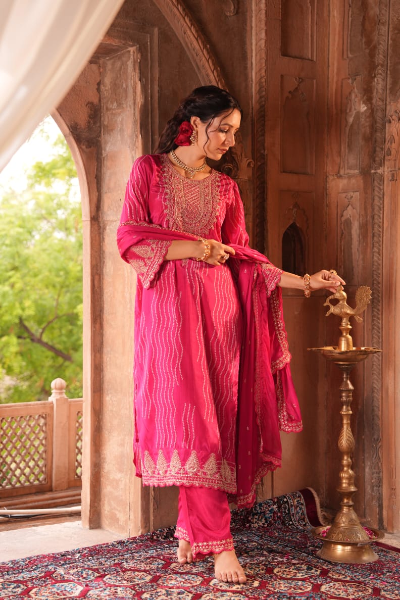 Hot pink heavy embroidered Crepe suit