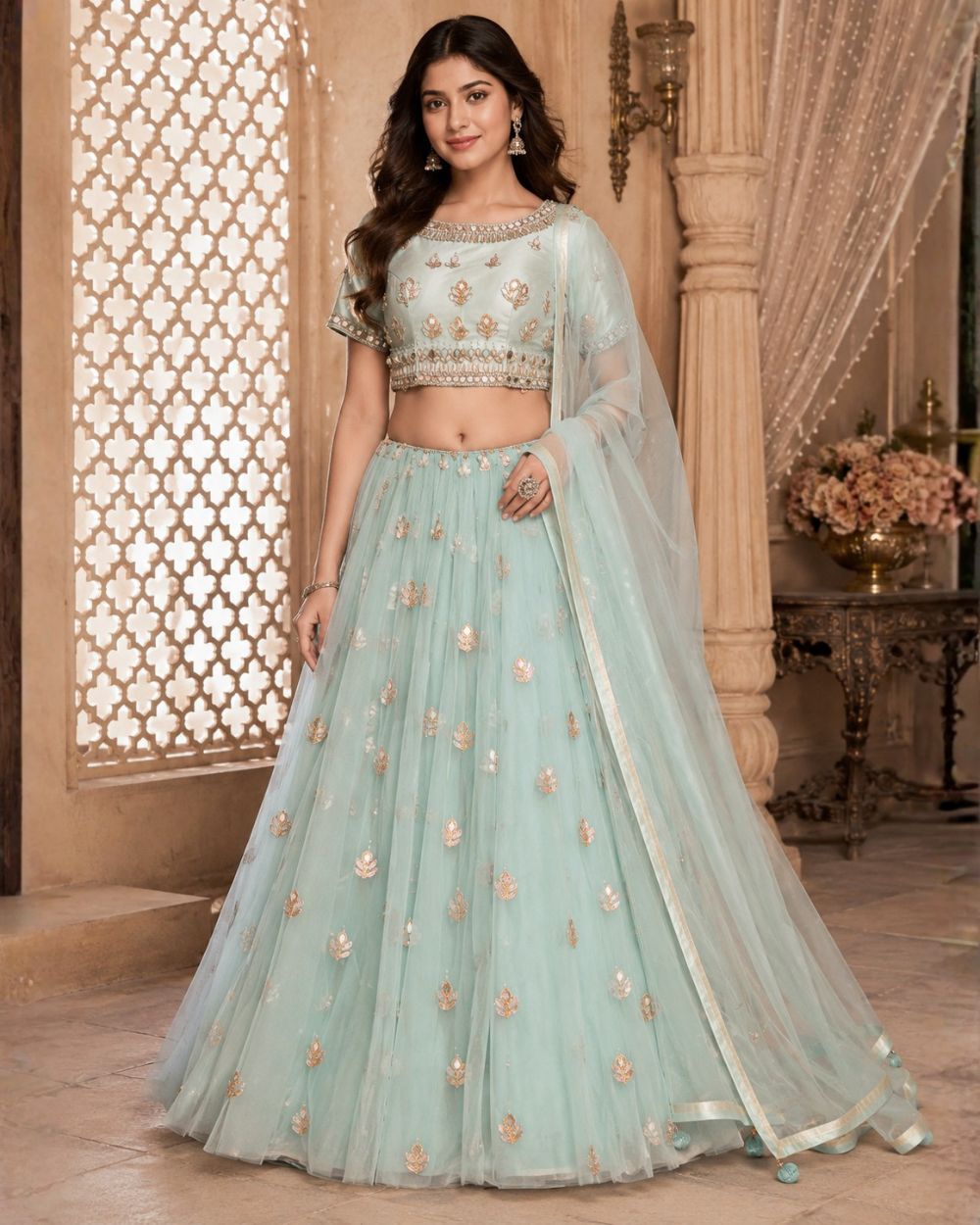 Pastel Mint Green fully mirror work Embroidered Lehenga Set