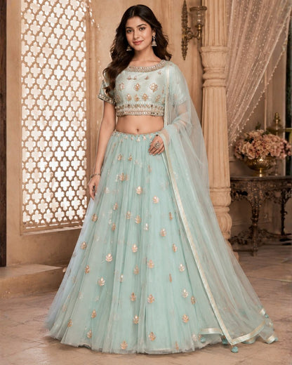 Pastel Mint Green fully mirror work Embroidered Lehenga Set