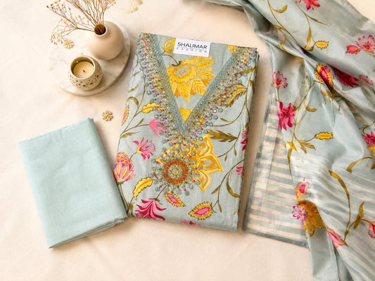 Beautiful cotton unstitch suit set with embroidered v neck