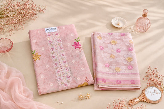 Beautiful pastel pink Kota cotton unstitch suit fabric