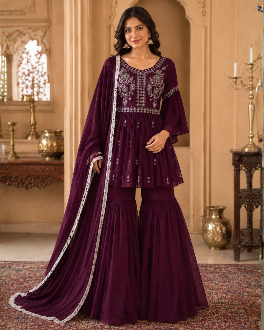 Wine Embroidered Kurta Sharara Set with Dupatta
