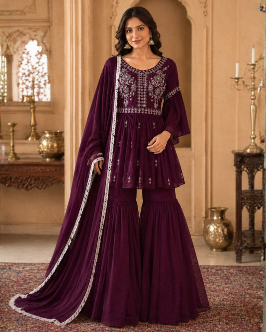Wine Embroidered Kurta Sharara Set with Dupatta