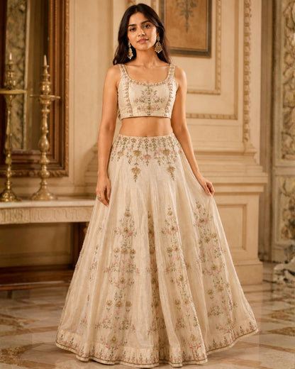 Elegant Beige Embroidered Lehenga Set