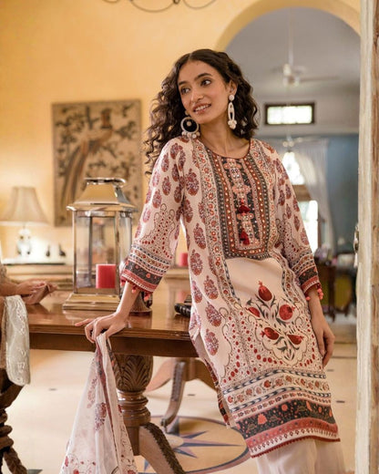 Warm Ivory Printed Stitched Suit with Dupatta