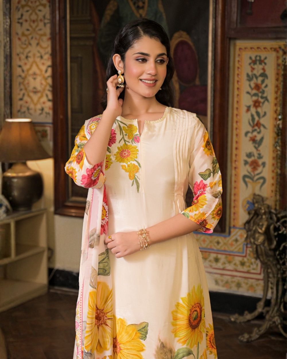 Ivory Floral Printed Stitched Suit with Dupatta