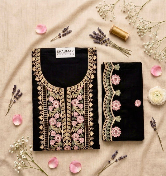 Beautiful thread work unstitch suit set with cut work dupatta