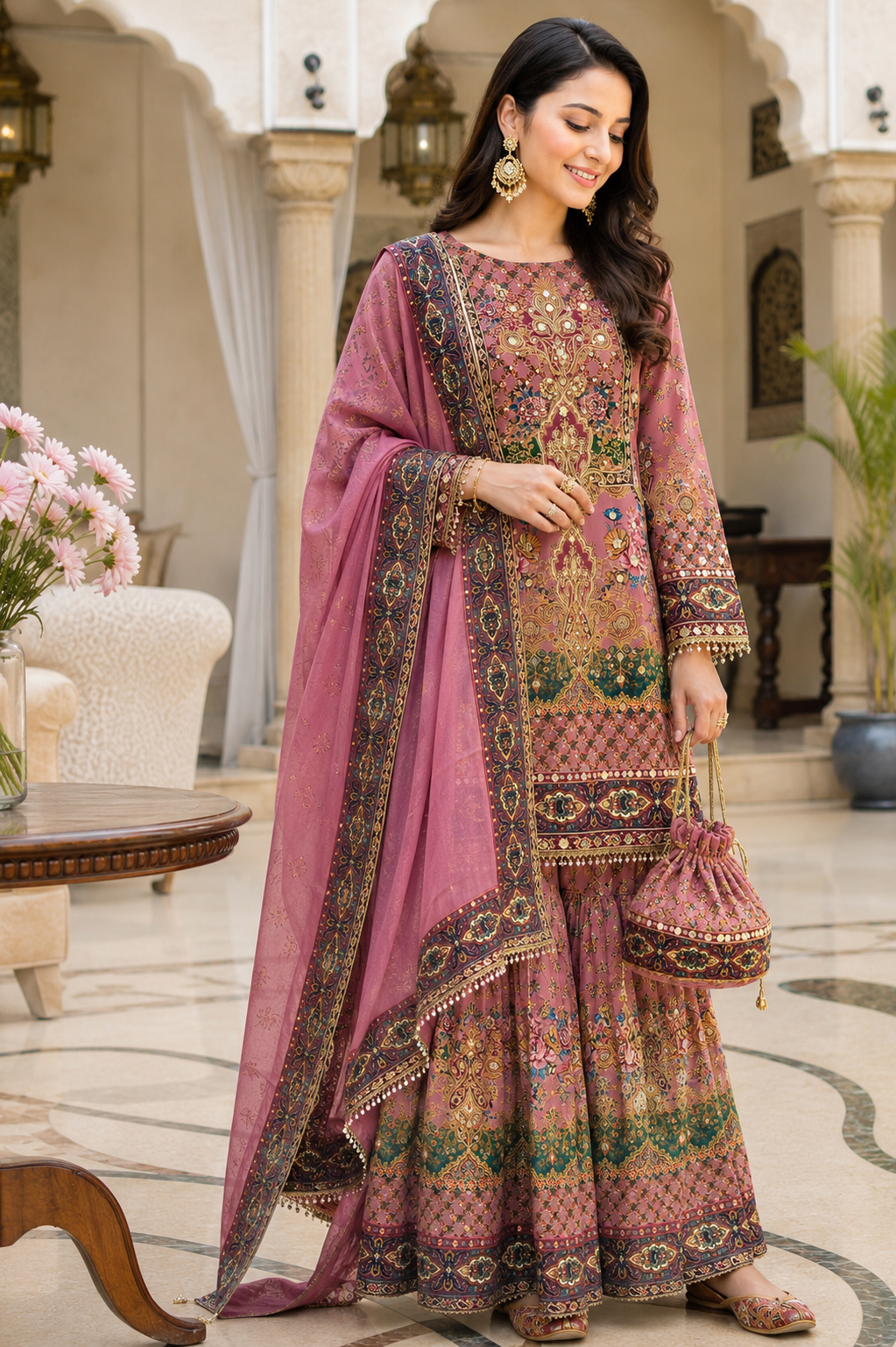 Regal rose Pink Printed & Embellished Sharara suit
