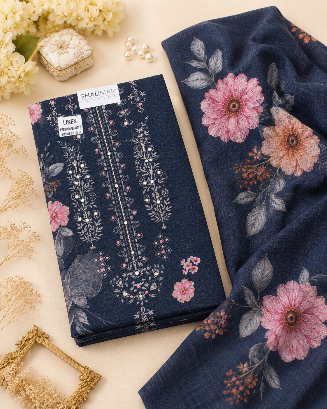 Elegant linen cotton unstitch suit set with digital floral prints
