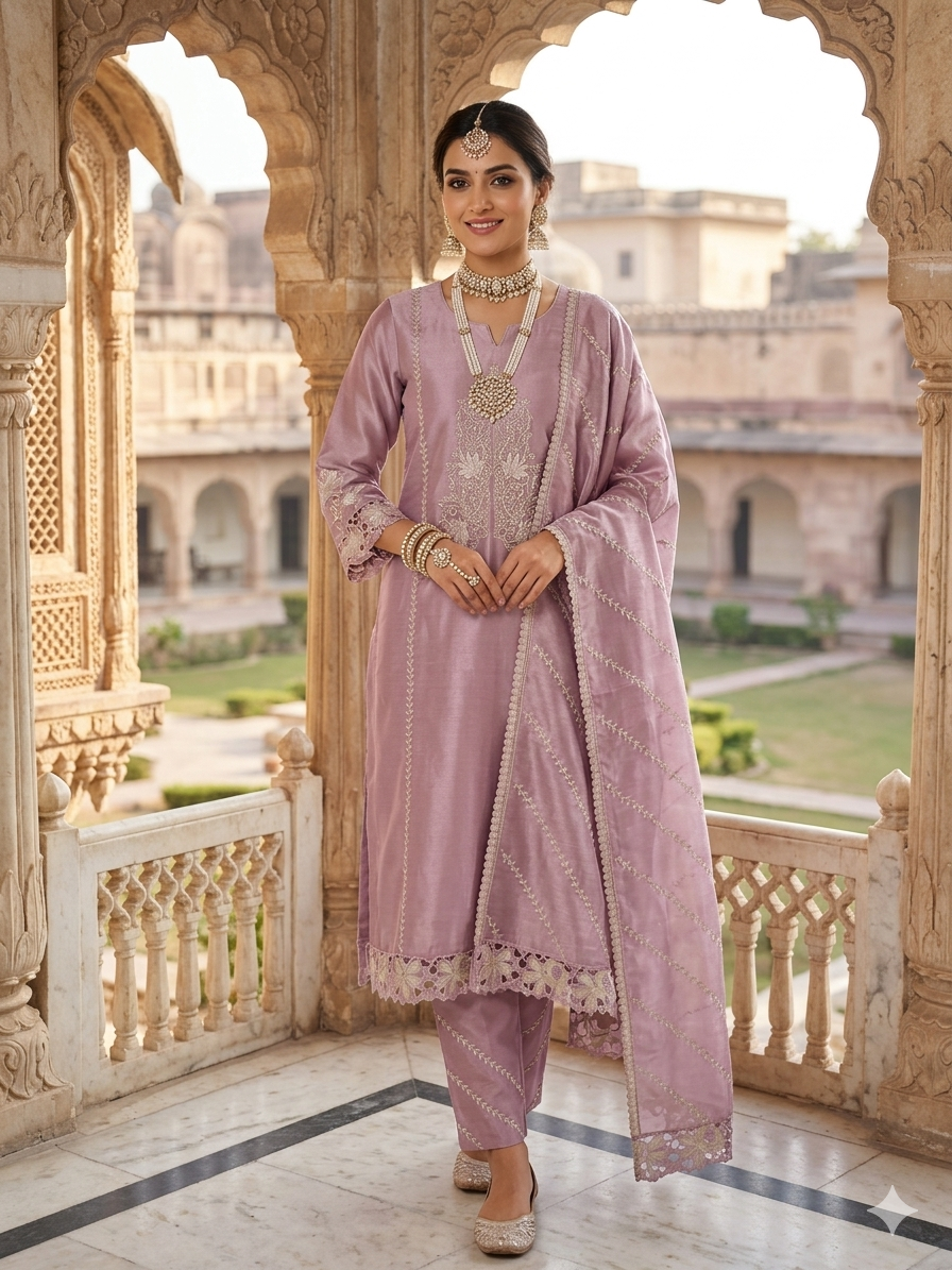 Pretty lavender colour simmer tissue full unstitch suit set