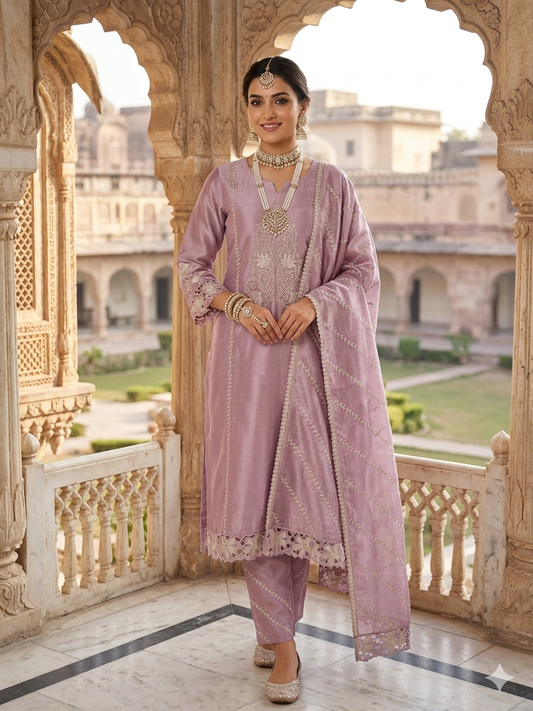 Pretty lavender colour simmer tissue full unstitch suit set