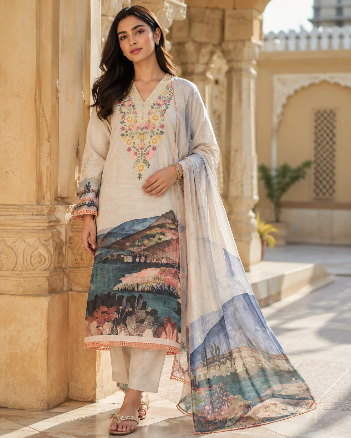 Pure cotton linen digital printed unstitch suit in Ivory shade