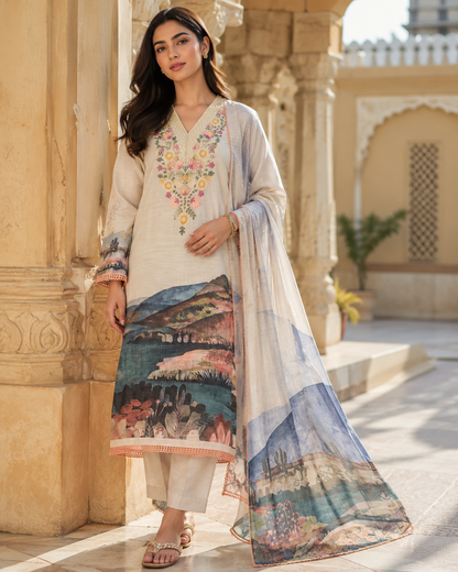 Pure cotton linen digital printed unstitch suit in Ivory shade