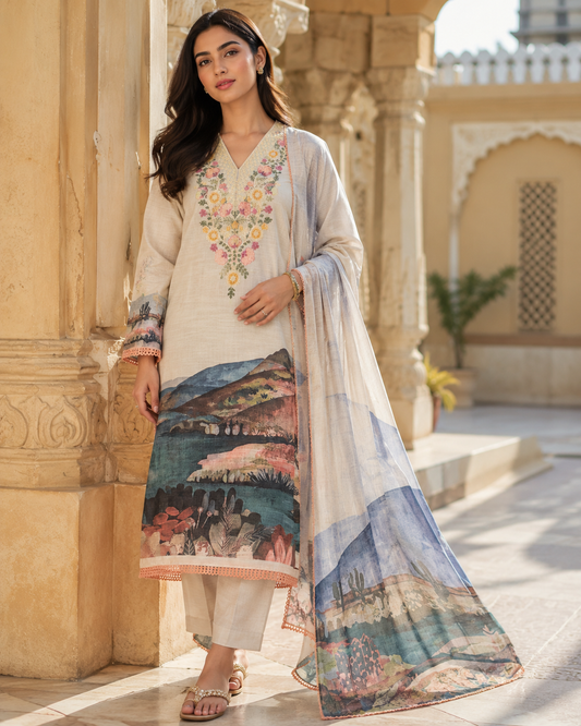 Pure cotton linen digital printed unstitch suit in Ivory shade