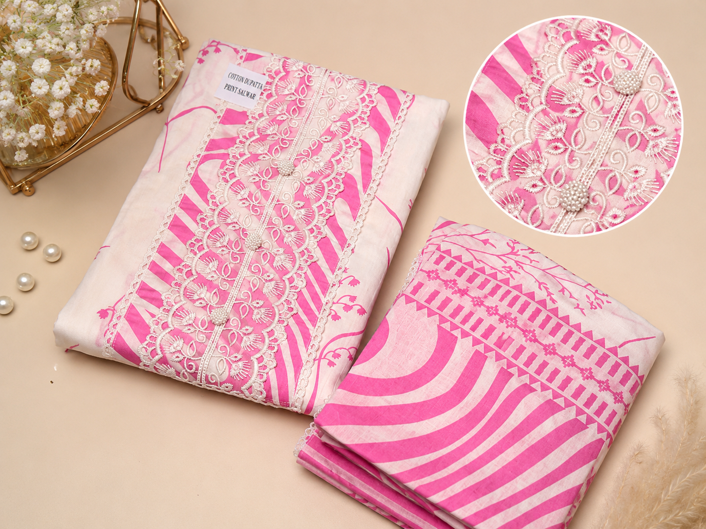 Pure cotton lace work unstitch suit