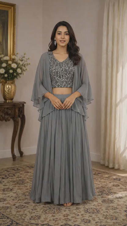 Steel Grey Embellished Lehenga Set with Sheer Cape