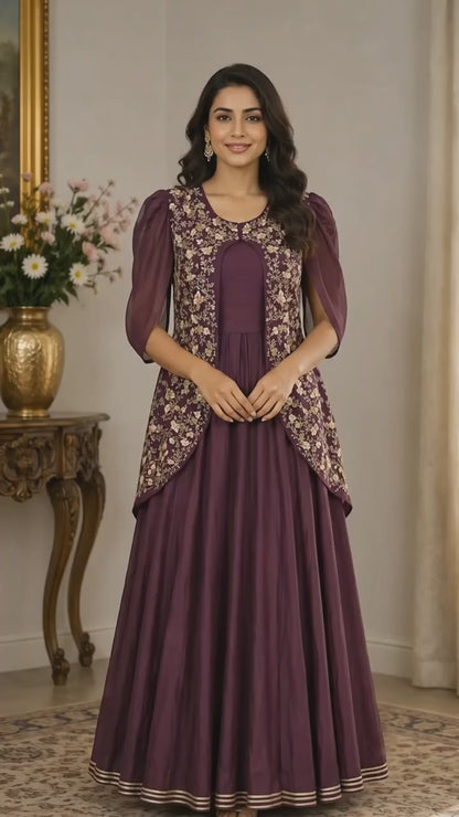 Wine Maroon Crop Top, Sharara & Hand Embroidered Jacket Set