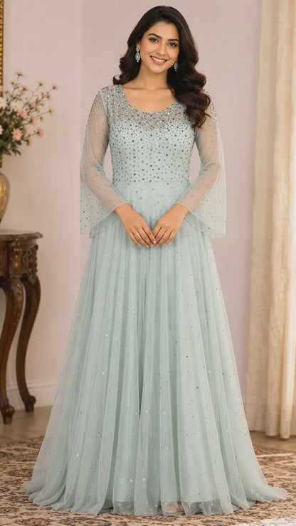 Sea Green Bridal One-Piece Gown in Soft Net