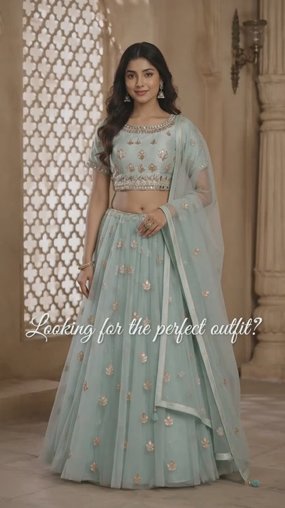 Pastel Mint Green fully mirror work Embroidered Lehenga Set