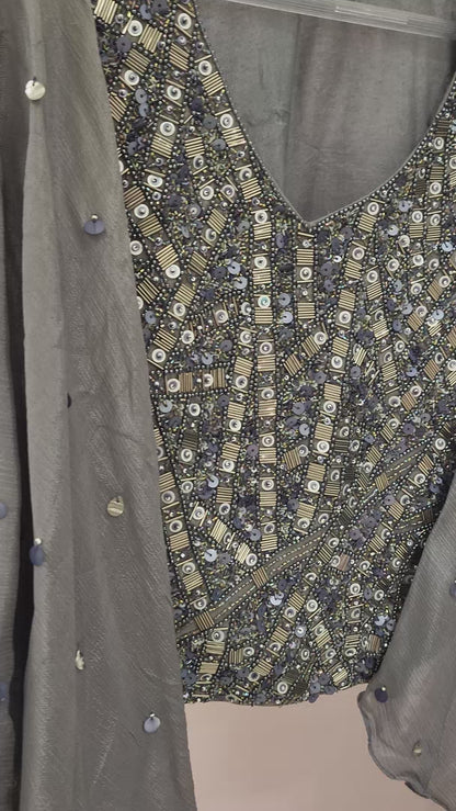 Steel Grey Embellished Lehenga Set with Sheer Cape