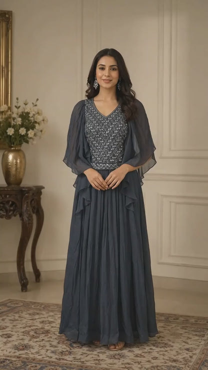 Midnight Black Embroidered Lehenga Set with Sheer Cape