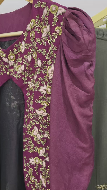 Wine Maroon Crop Top, Sharara & Hand Embroidered Jacket Set