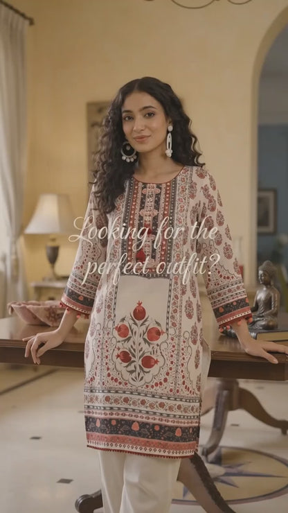 Warm Ivory Printed Stitched Suit with Dupatta