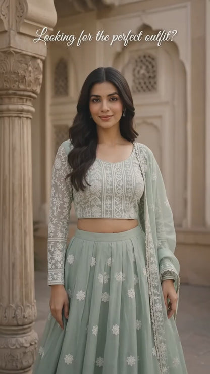 Sage Green thread work Embroidery Lehenga Set with Dupatta