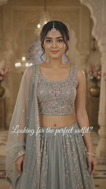 Grey to Pink Ombre shaded thread work Embroidered Lehenga Set