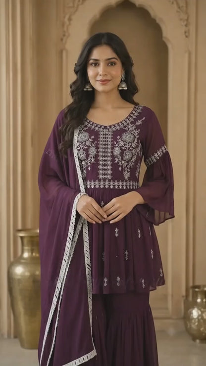 Wine Embroidered Kurta Sharara Set with Dupatta
