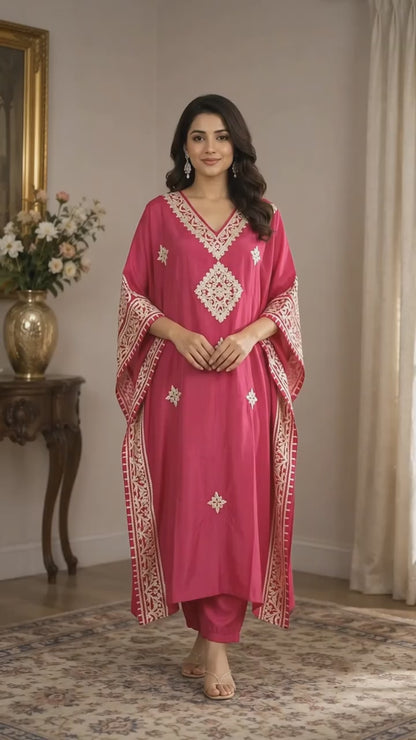 Rani Pink Embroidered Kaftan Kurta Set